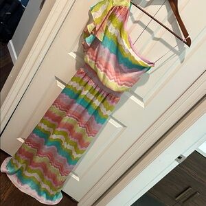 Jessica Simpson One Shoulder Maxi Dress Multicolor Chevron Size 4
